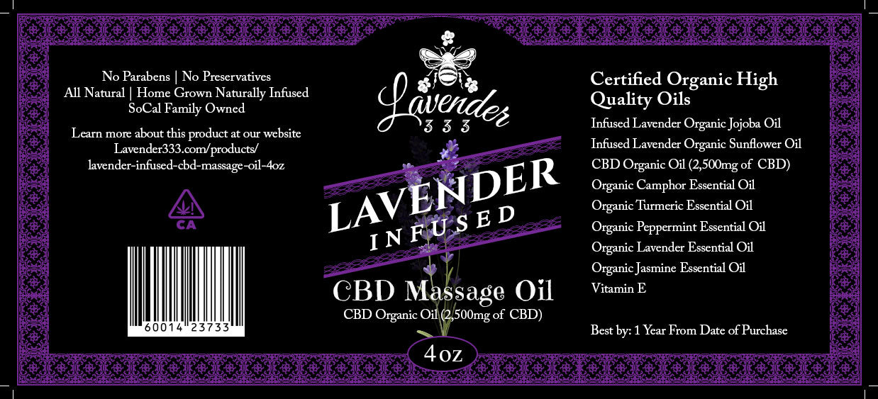 lavender infused CBD Massage Oil with 500 mg of CBD 4 oz bottle