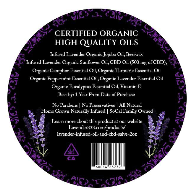 lavender 333 lavender infused oil and CBD salve with 500 mg of CBD bottom label